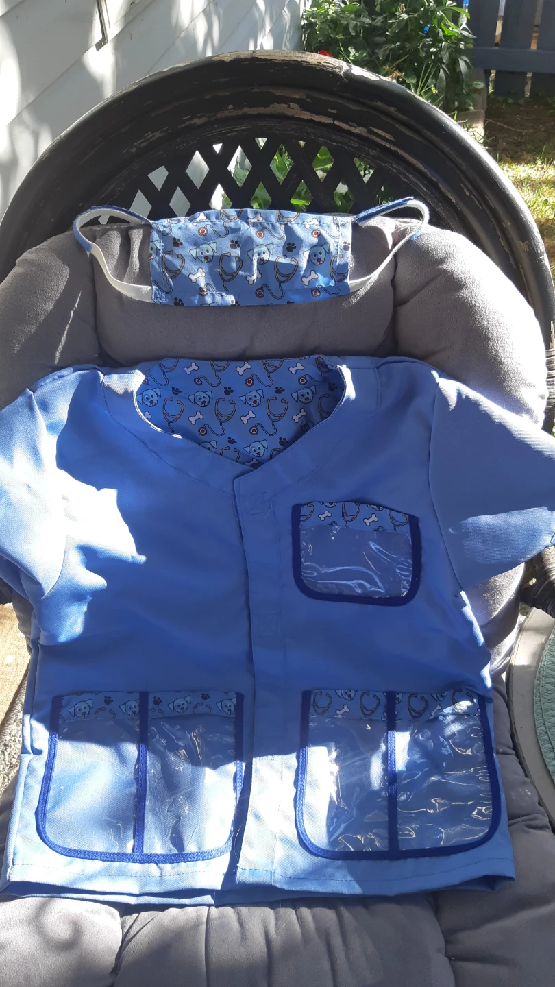 Light Blue Scrub Top with Dog Print & Matching Mask