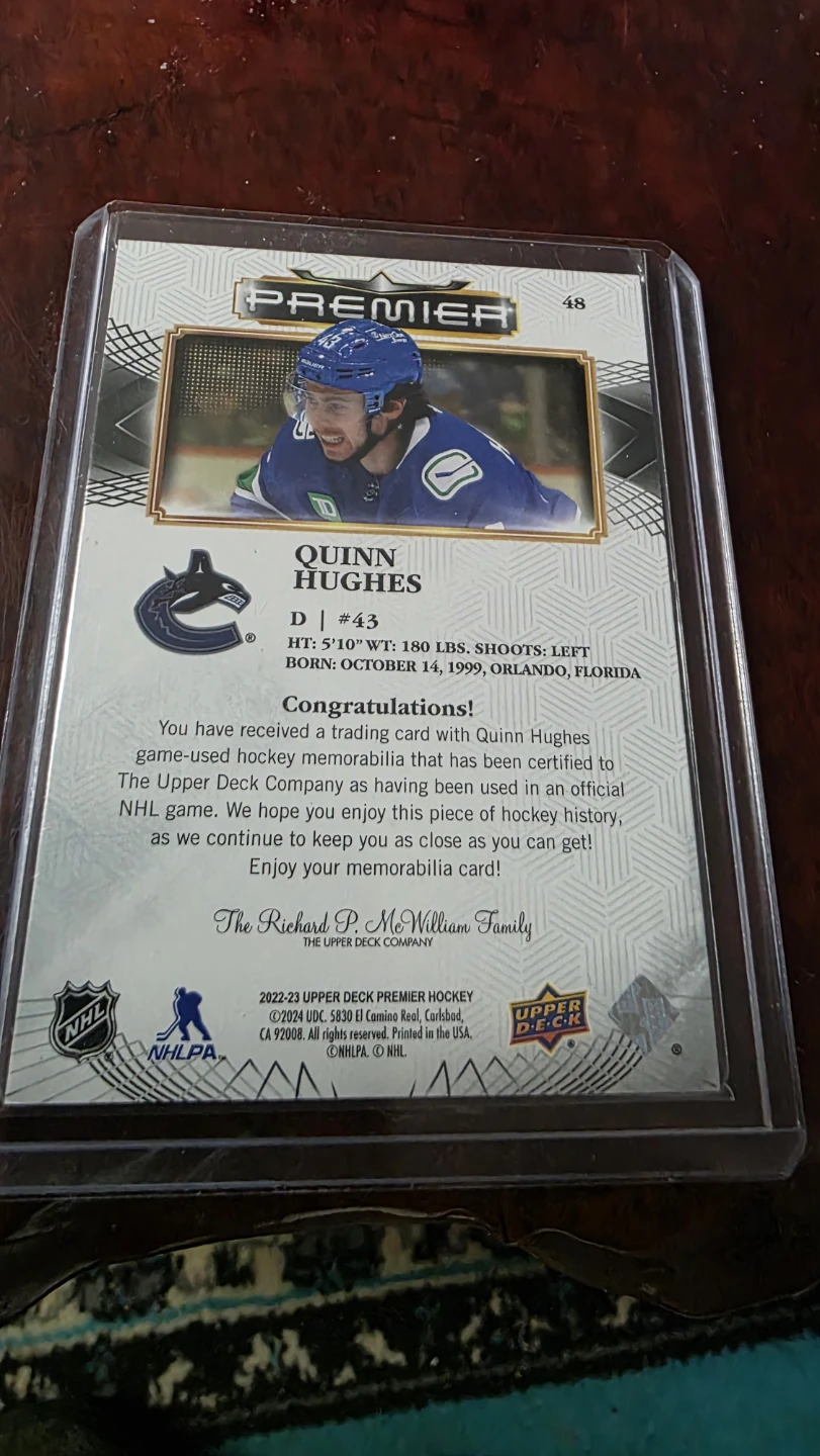Quinn Hughes 2022-23 Upper Deck Premier Hockey Jersey Card - photo 2