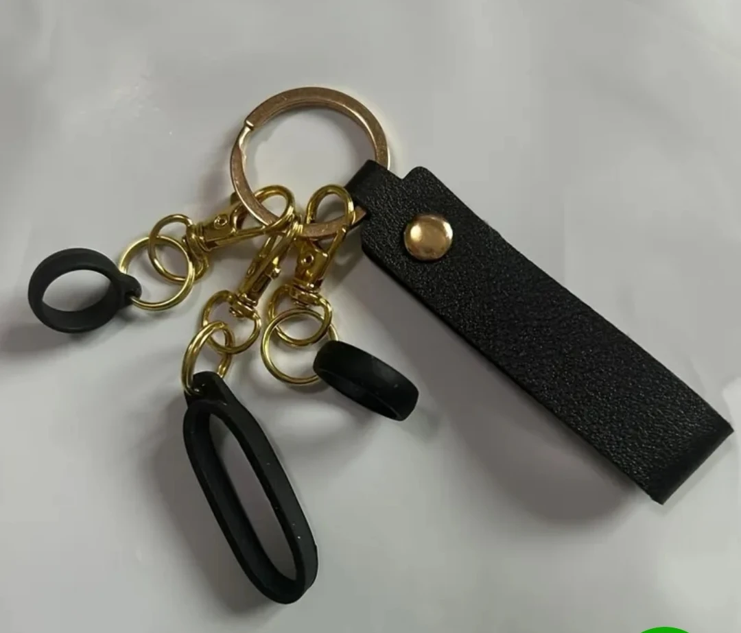 Black Faux Leather Keychain with Multiple Rings and Clasps