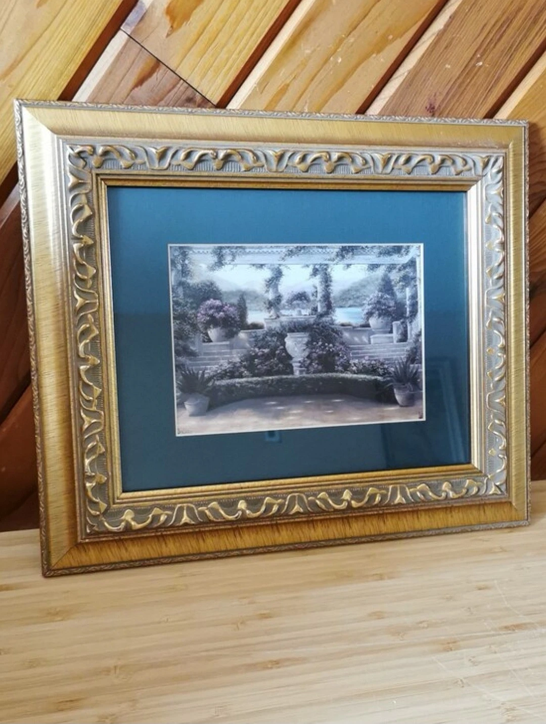 Vintage European Garden Courtyard Art Print Ornate Gold Frame - photo 2