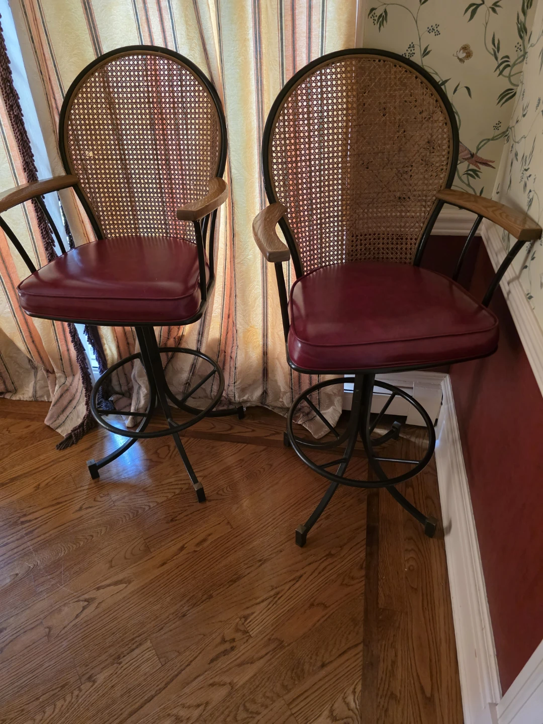 3 Cane Back Swivel Bar Stools with Red Upholstered Seats