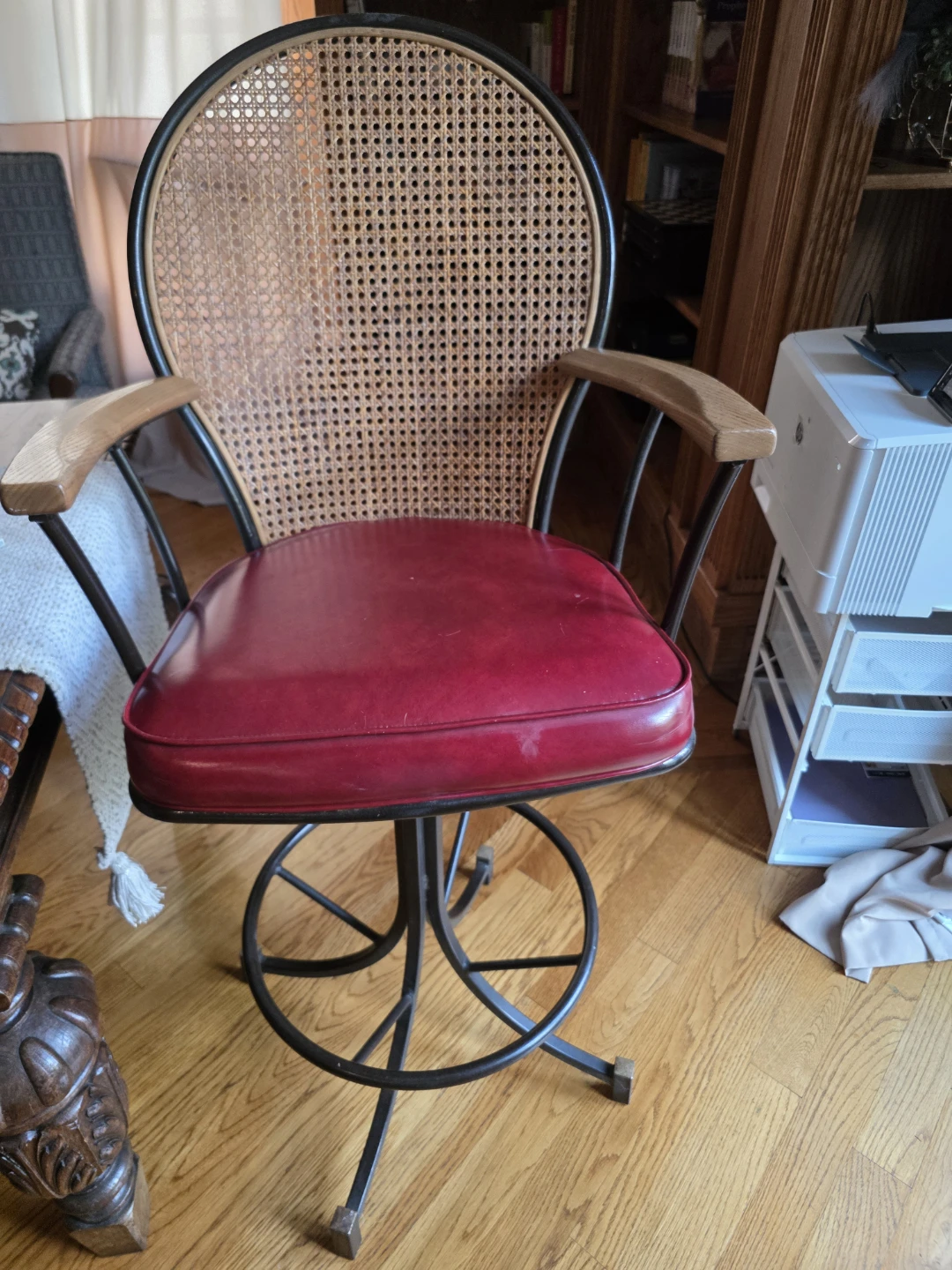 3 Cane Back Swivel Bar Stools with Red Upholstered Seats - photo 2