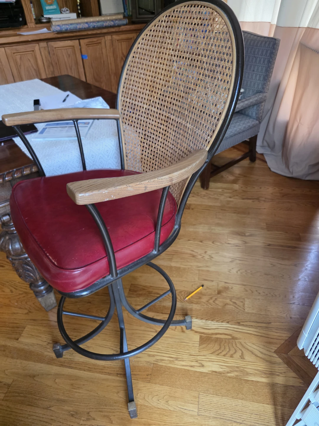3 Cane Back Swivel Bar Stools with Red Upholstered Seats - photo 3