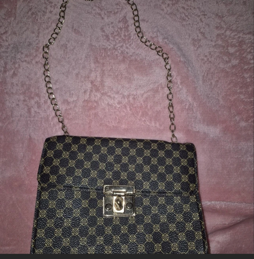 Brown patterned purse with gold chain