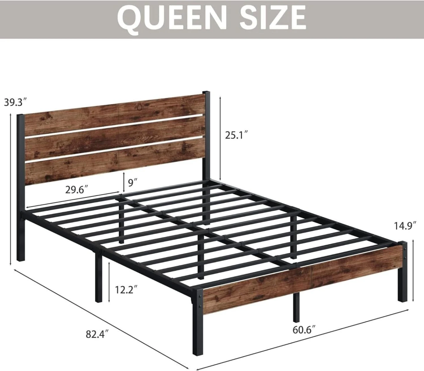 Queen Size Industrial Style Bed Frame with Wood Headboard - photo 2