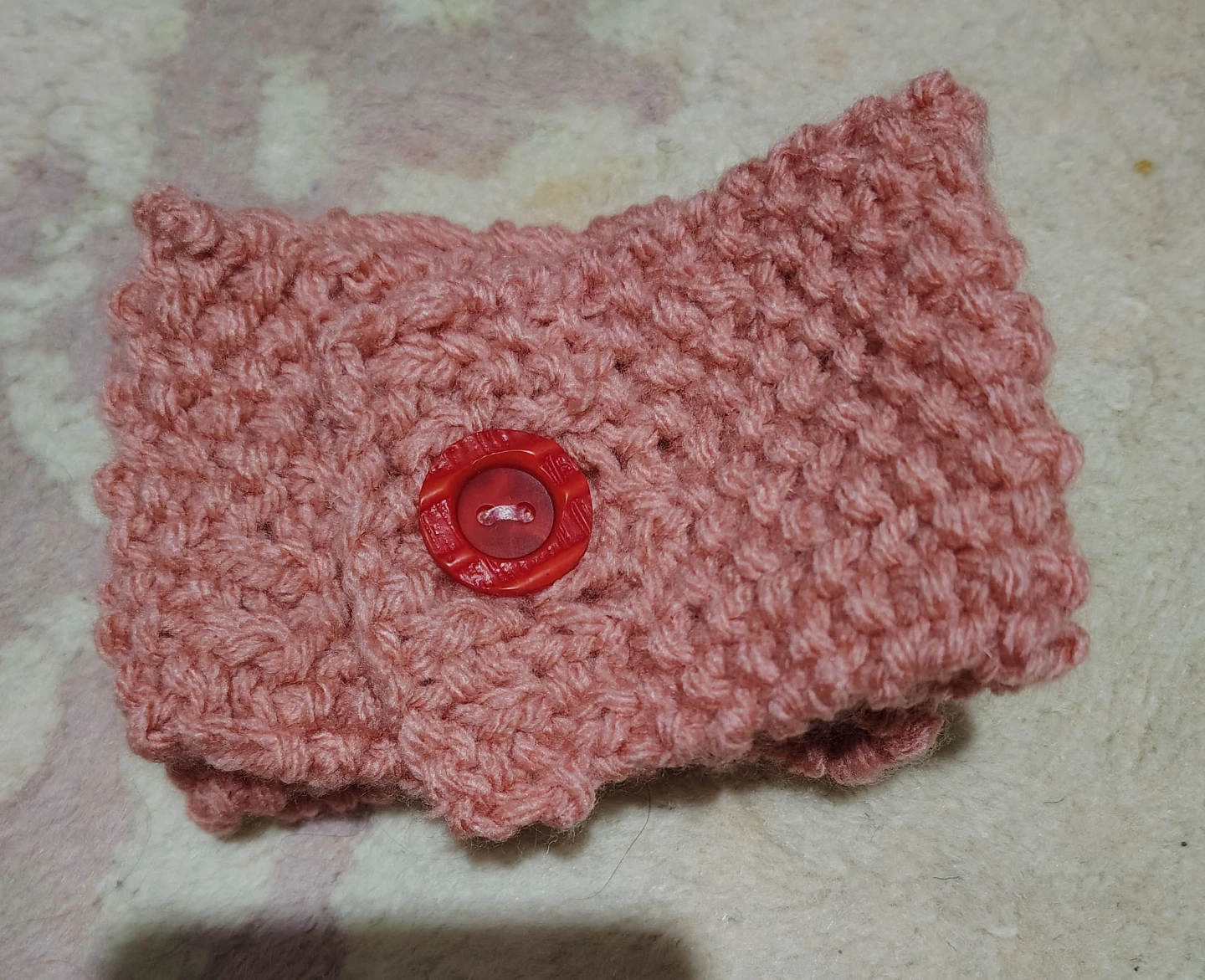 Pink Knitted Coffee Cup Sleeve with Red Button