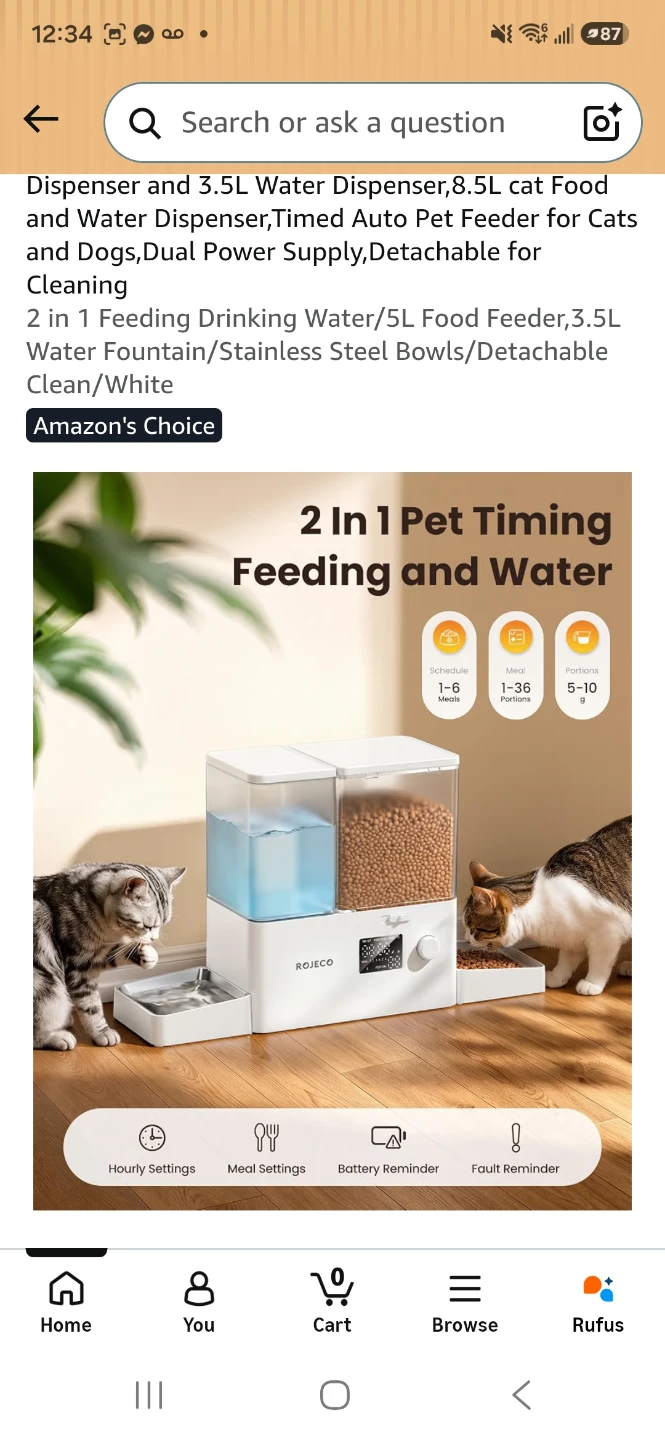 ROJECO 2-in-1 Pet Feeder and Water Dispenser 8.5L White