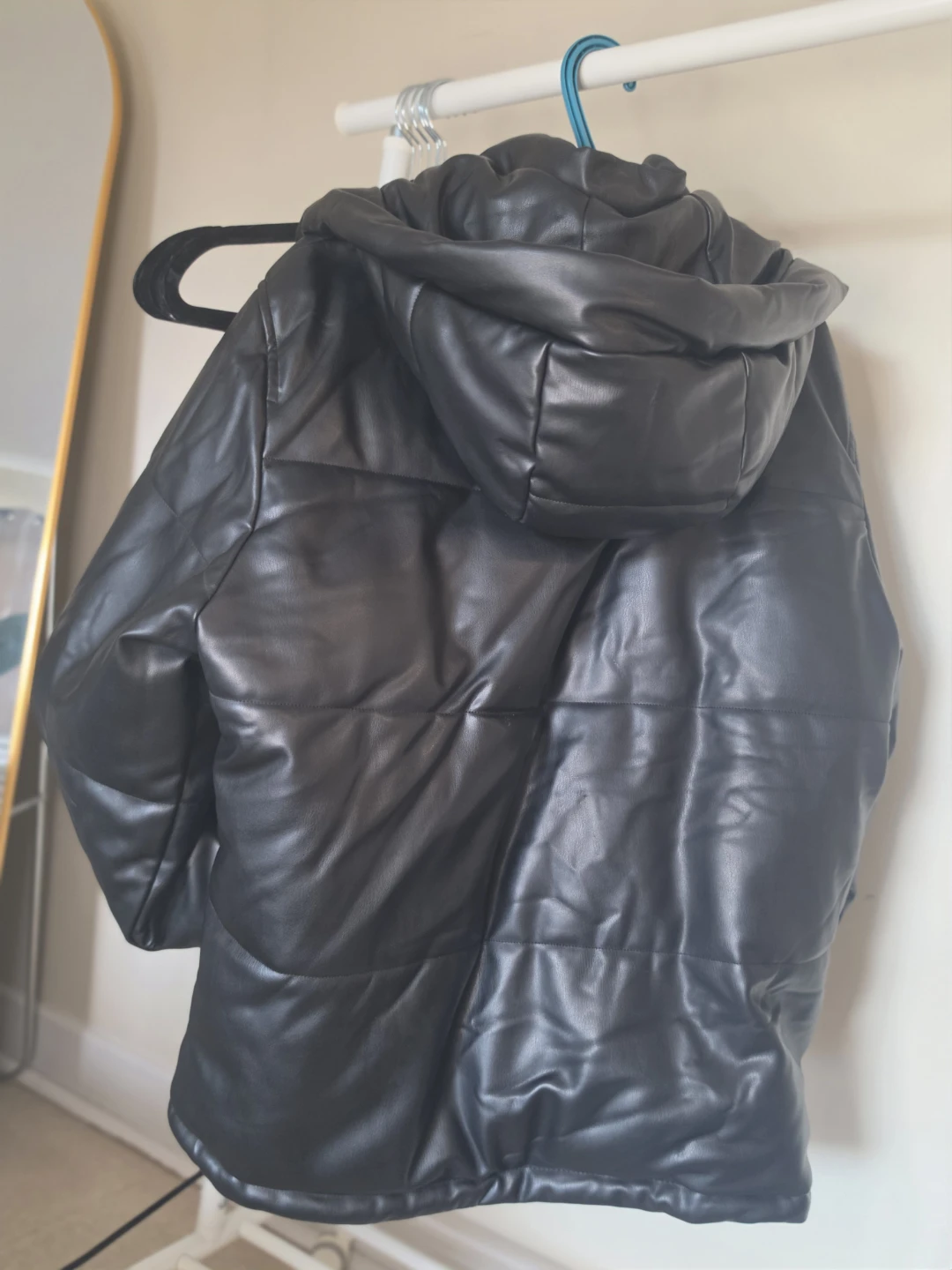 Black Faux Leather Puffer Jacket with Hood - photo 4
