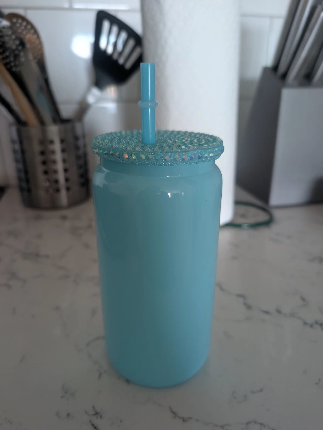 Light Blue Tumbler with Rhinestone Lid and Straw