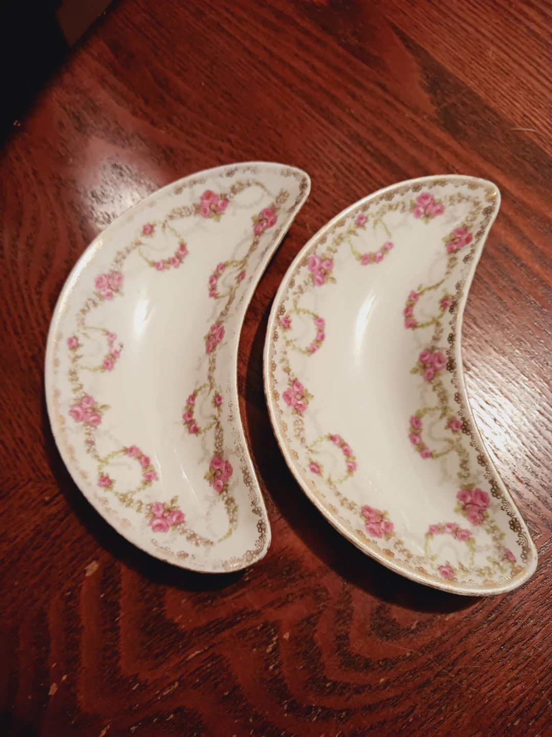 Pair of Antique Austrian Crescent Floral Porcelain Side Dishes