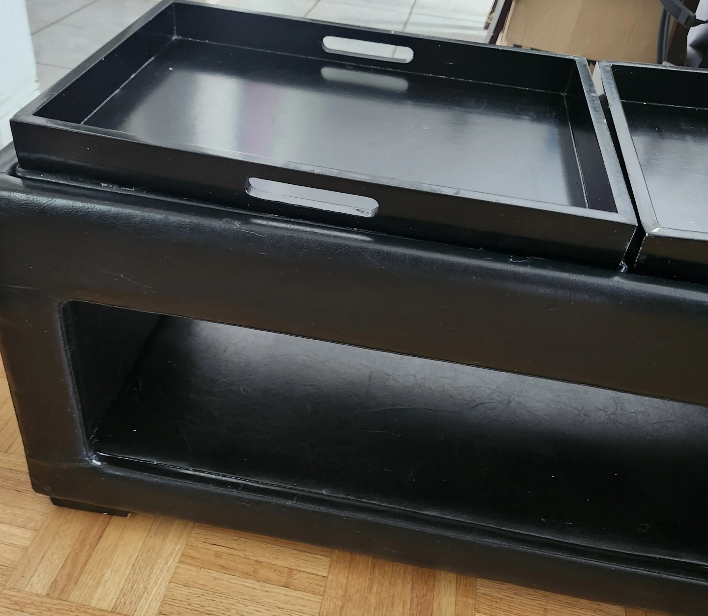 Black Faux Leather Storage Ottoman with Trays - photo 5