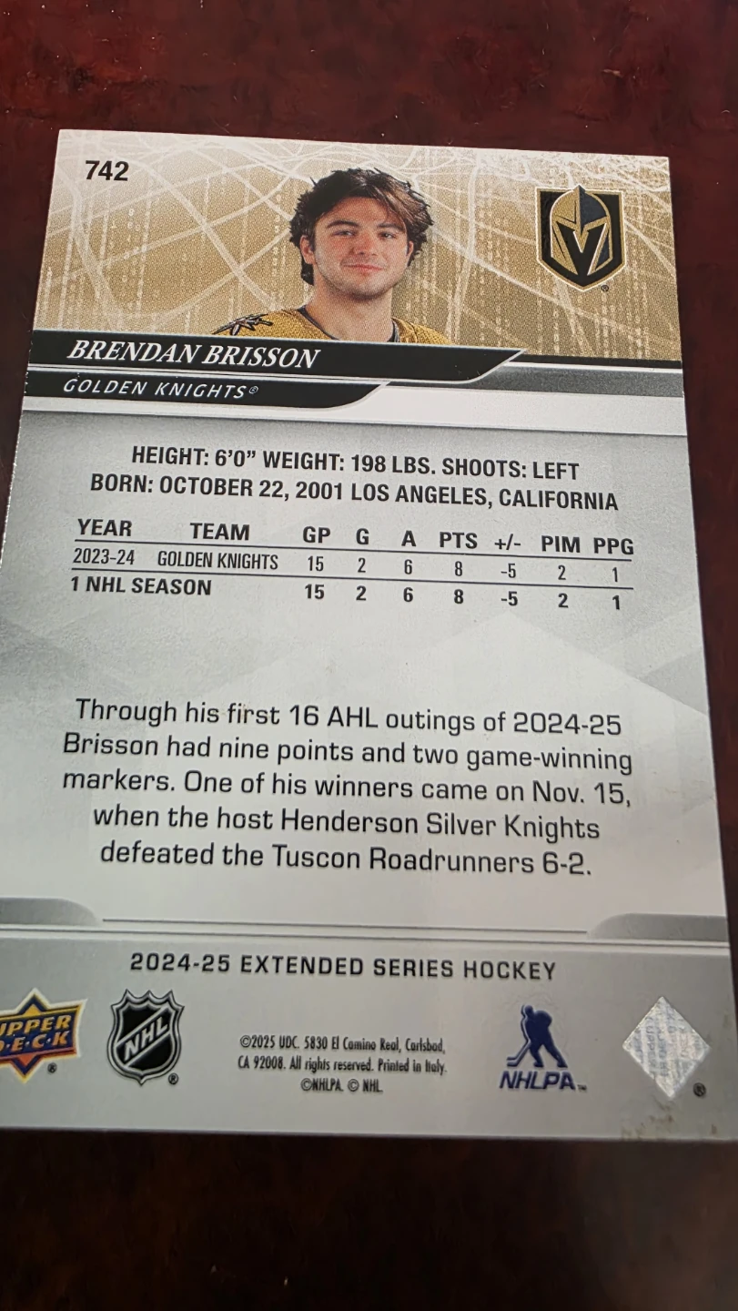 2024-25 Upper Deck Brendan Brisson Hockey Card - photo 2