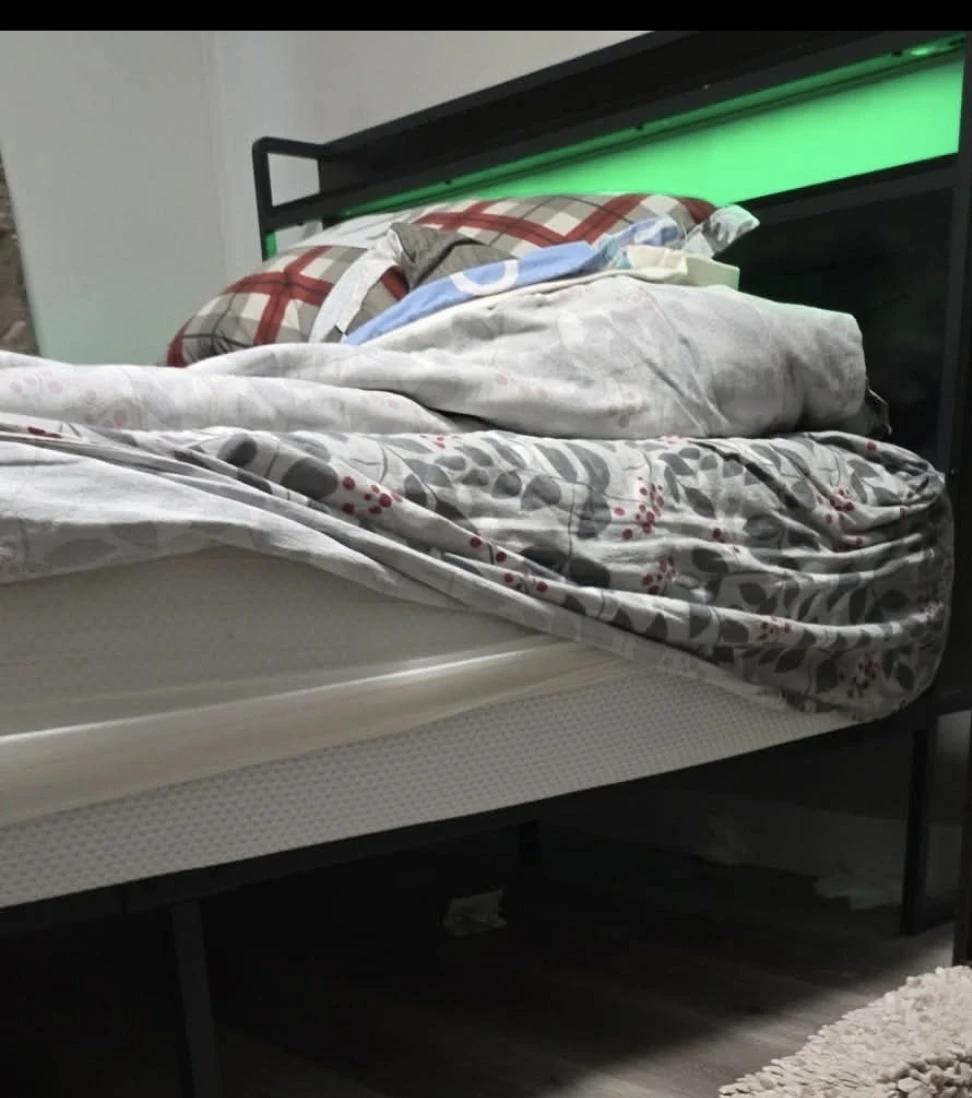 Black Metal Bed Frame with Headboard Shelving and LED Lights - photo 3
