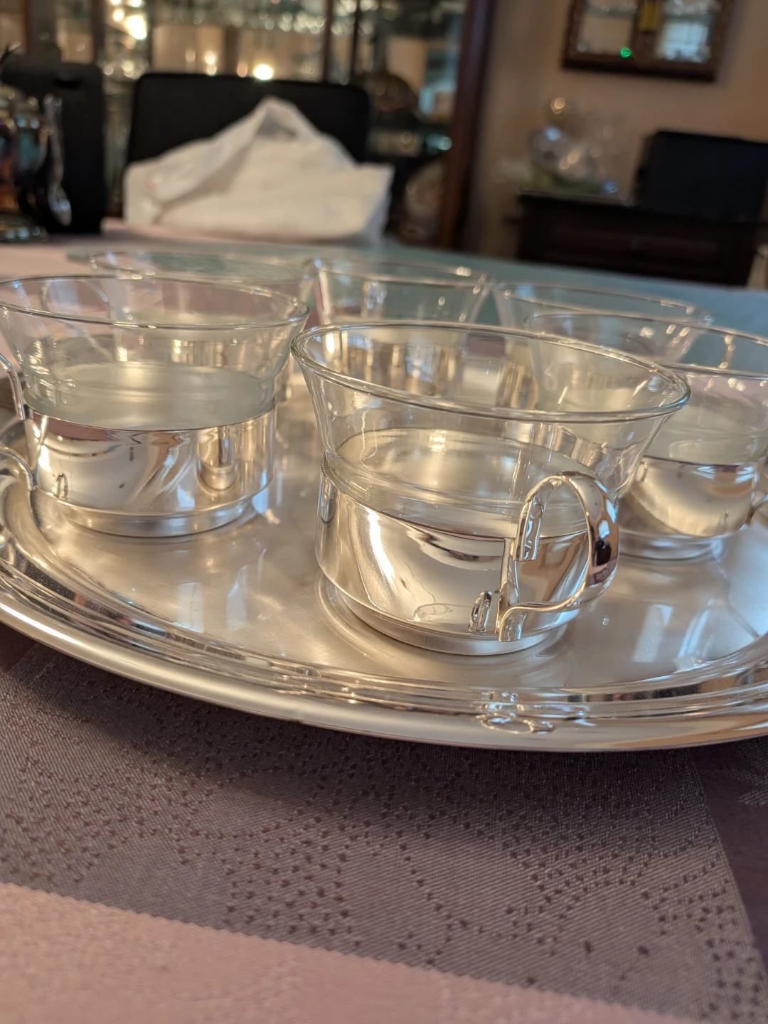 Silver Tray with 6 Glass Cups
