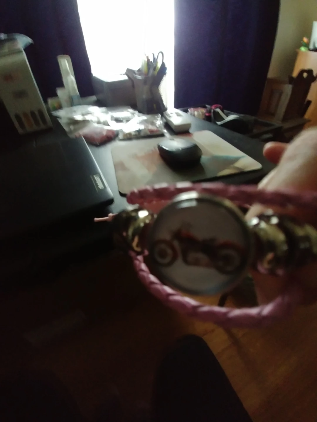 Pink Braided Watch with Motorcycle Design