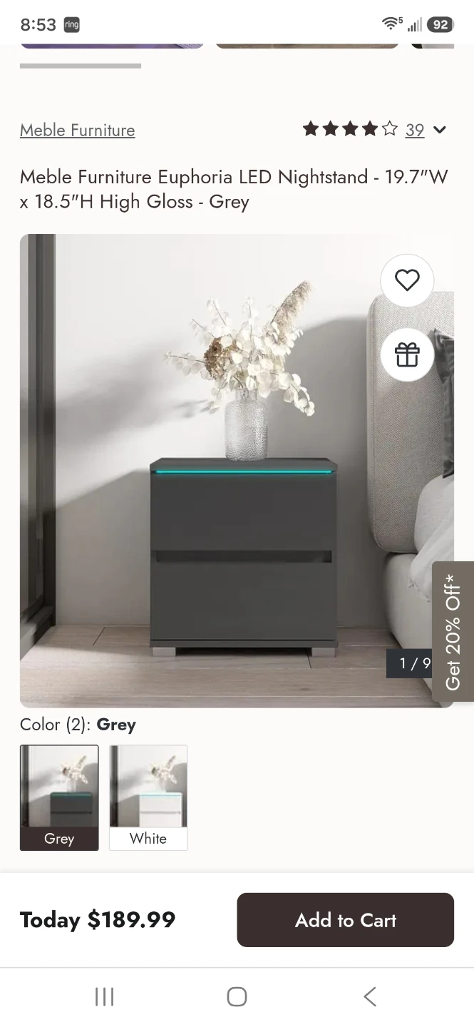 Meble Furniture Euphoria LED Nightstand - Grey