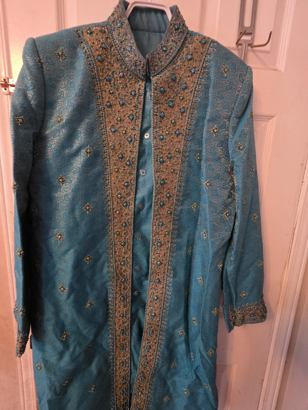 Ceremony Men's Ethnic Wear Turquoise Beaded Kurta