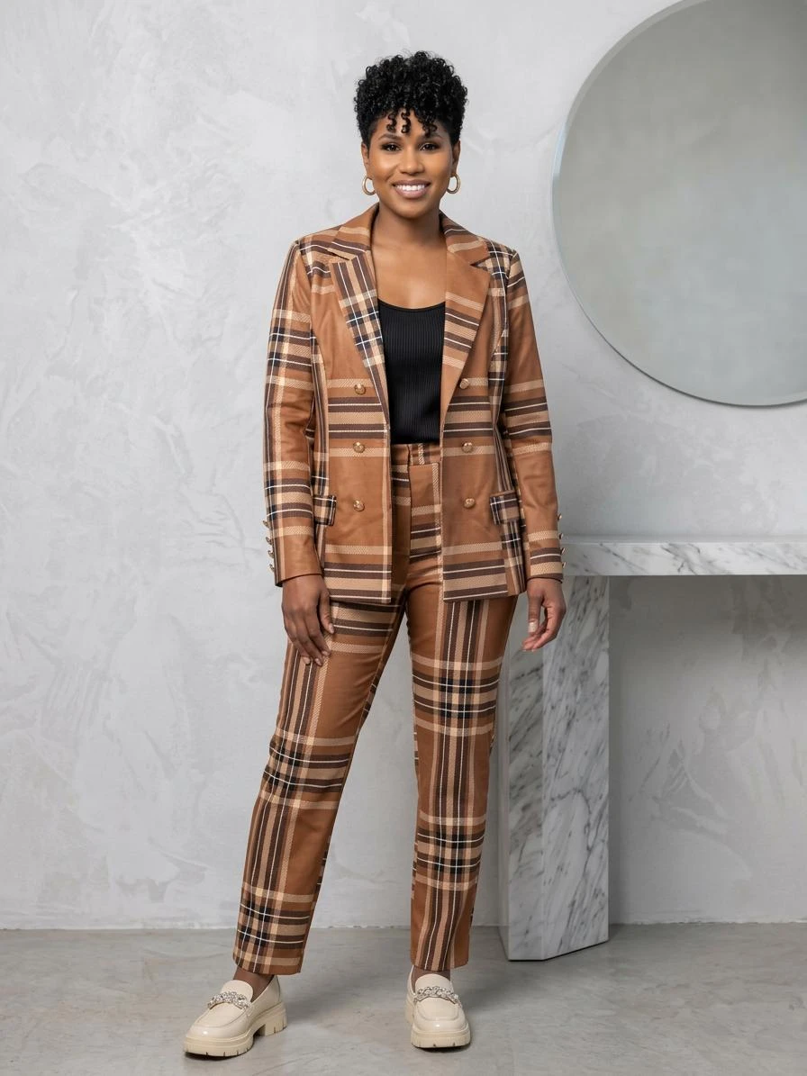Women's Plaid Double-Breasted Blazer and Pants Suit - photo 3