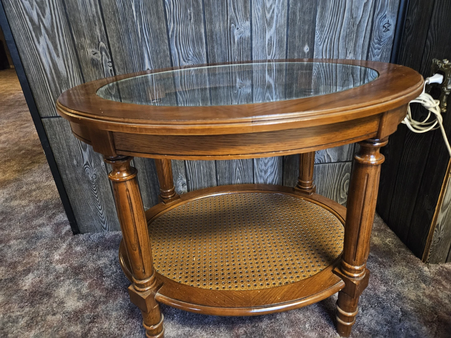 3 Oval Wood Tables with Glass Top and Cane Shelf - photo 2