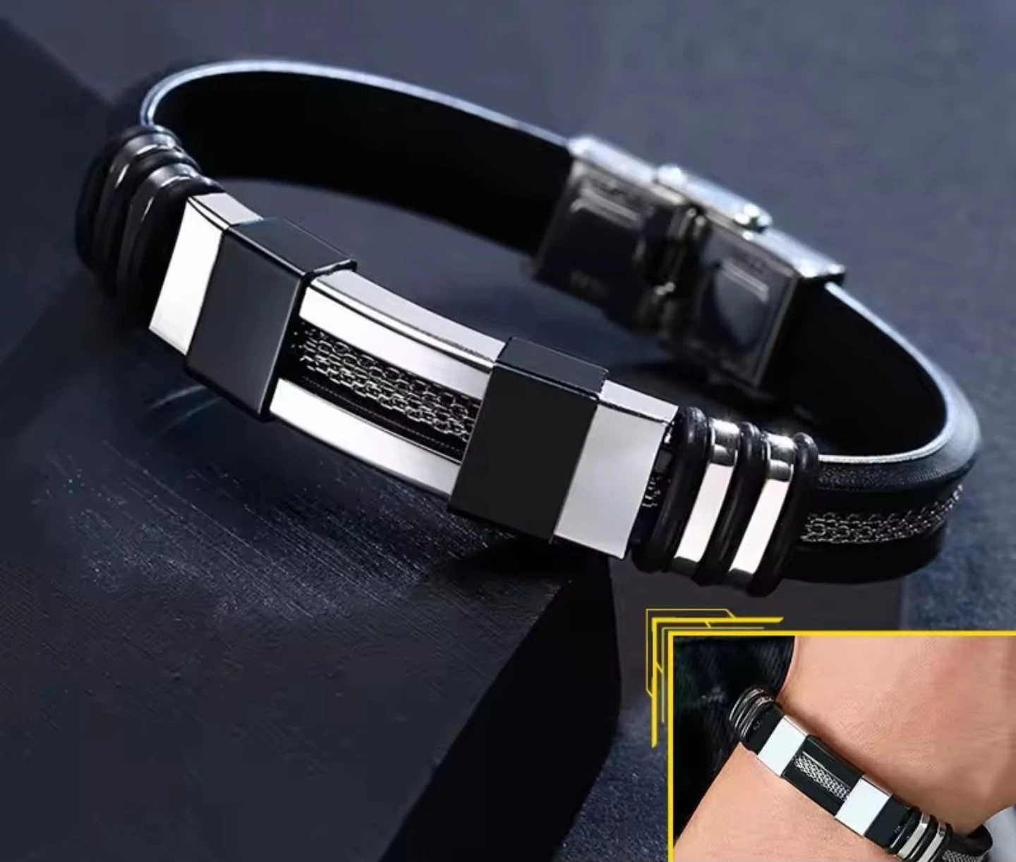 Men's Black and Silver Bracelet - photo 2