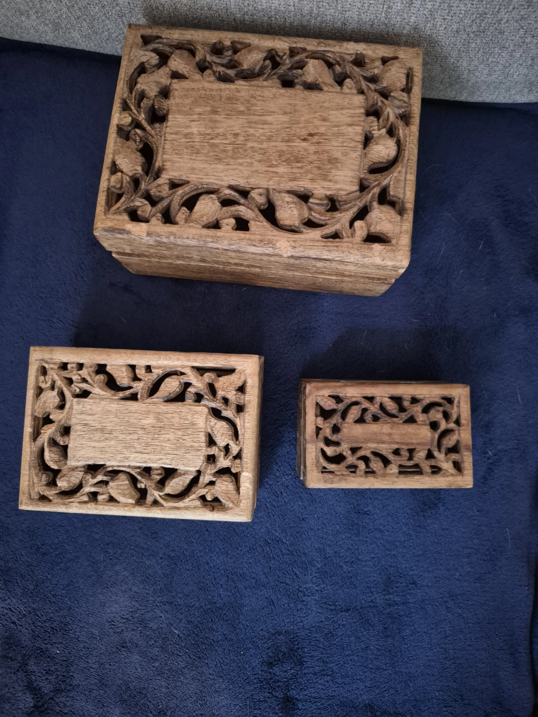 Set of 3 Carved Wooden Boxes