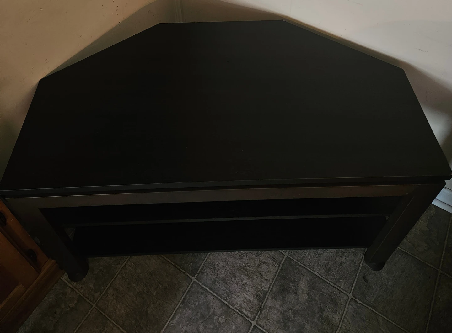 Dark Corner TV Stand with Shelves