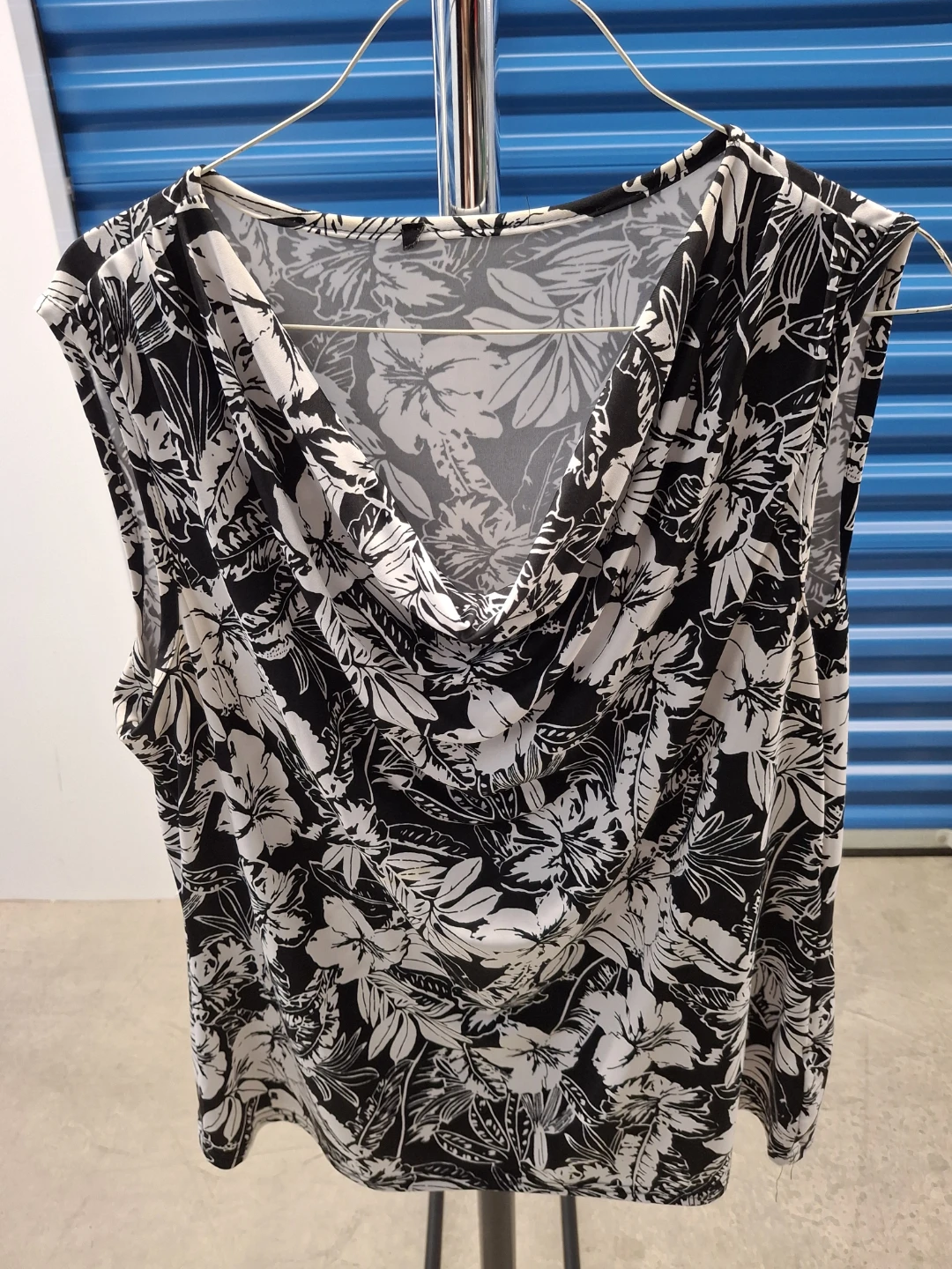 Black and White Floral Cowl Neck Sleeveless Top