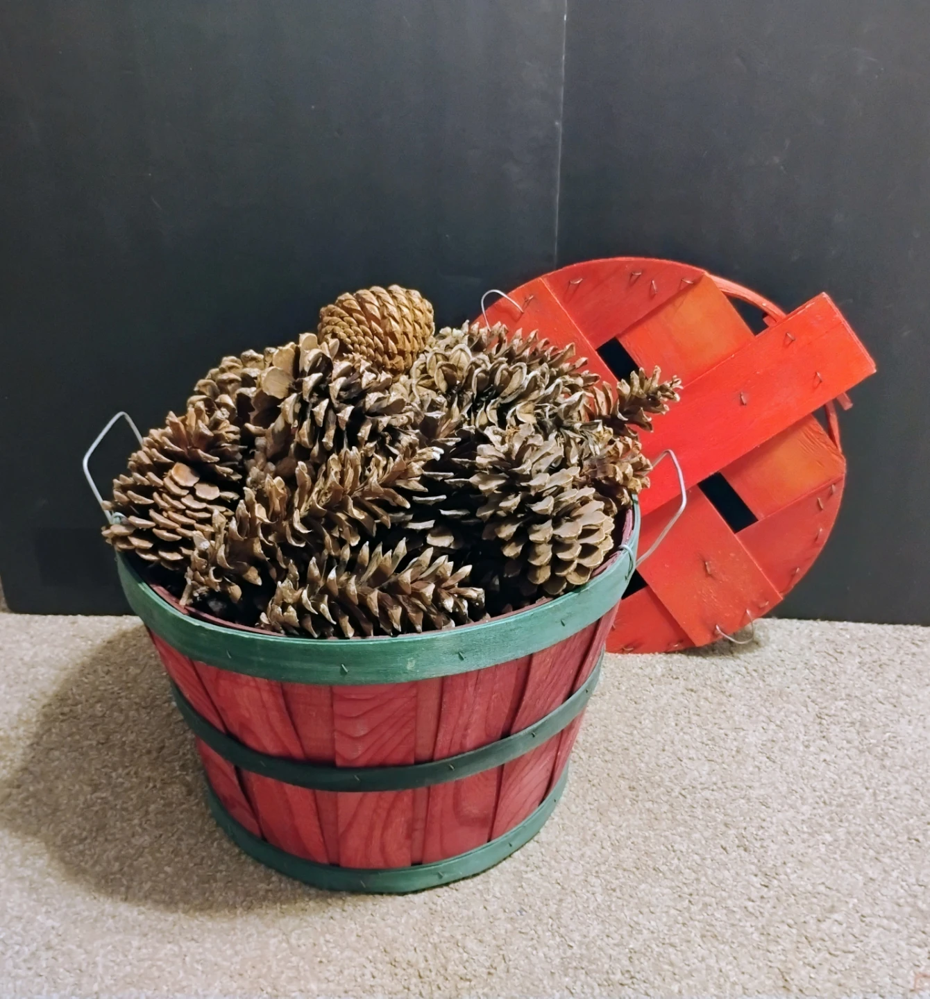 "SHABBY CHIC” RED BASKET FULL OF PINECONES WITH LID