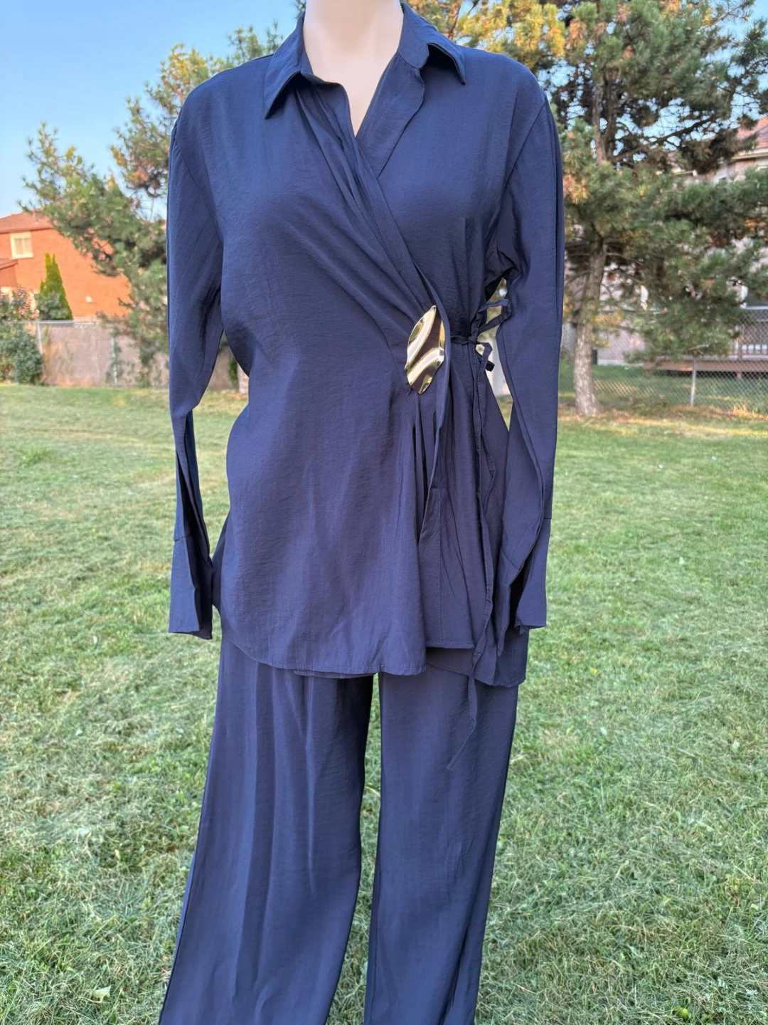 Navy Blue Wrap Top and Pants Set