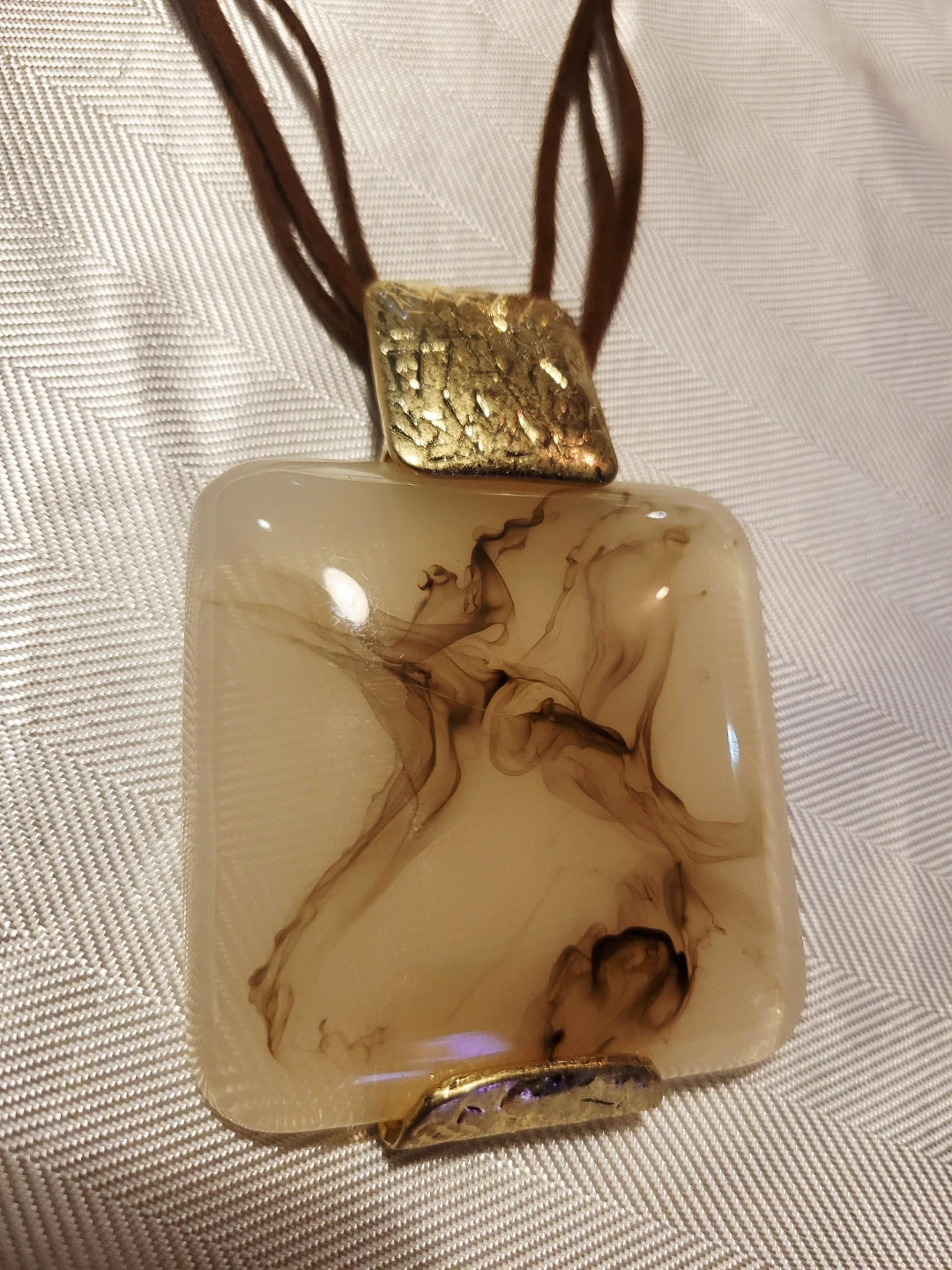 Statement Necklace w/  Marbled Resin Pendant, faux suede cord - photo 2
