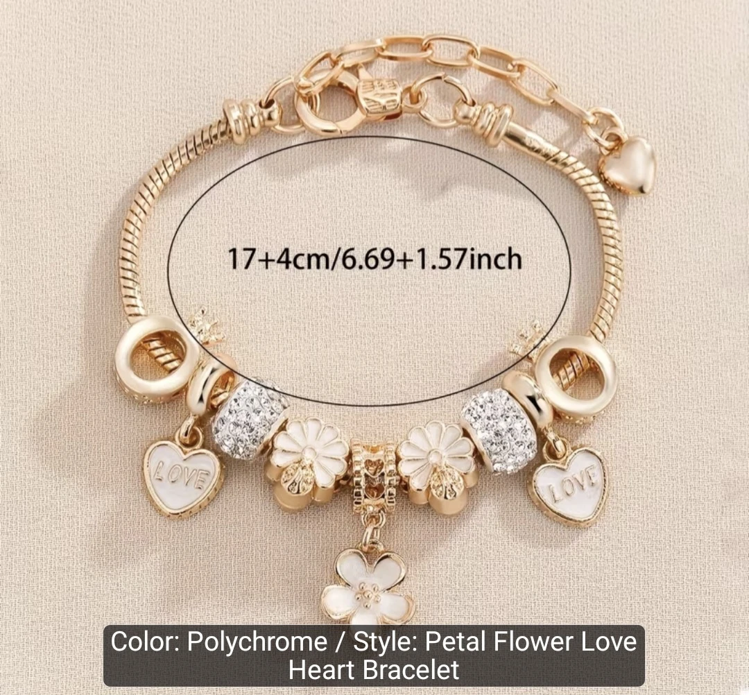 Petal Flower Love Heart Charm Bracelet