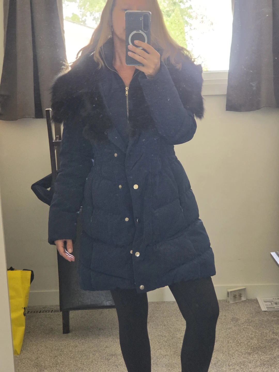 Navy Blue Guess Puffer Coat with Faux Fur Trim