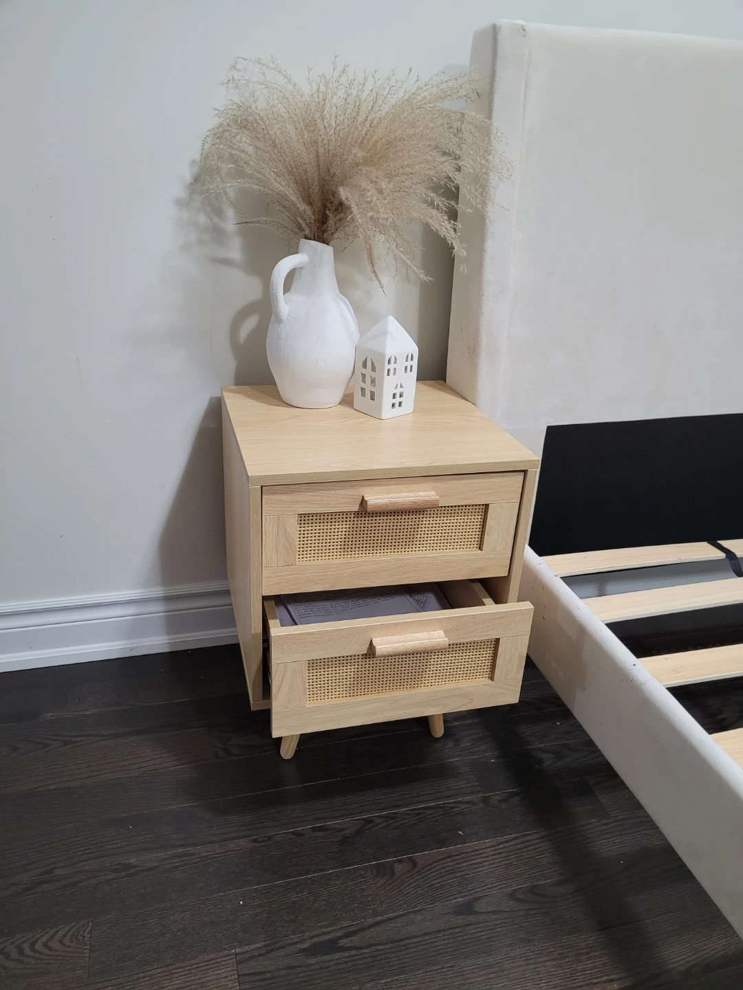 Wooden Nightstand with Rattan Drawer Fronts