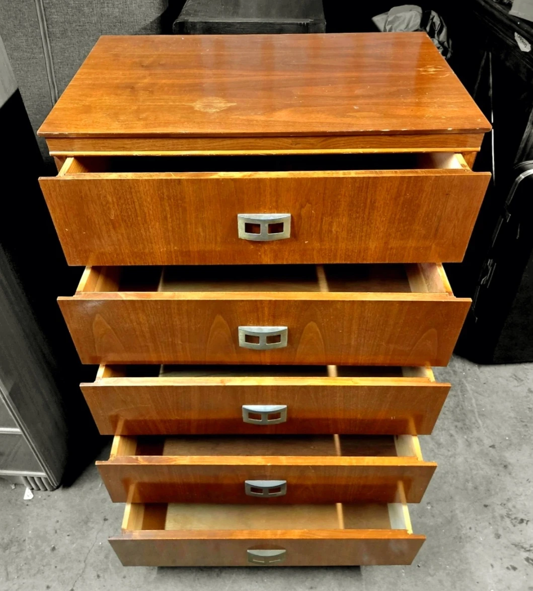 MCM Walnut 5 Drawer Tallboy Dresser With Brass Pull Handles - photo 4