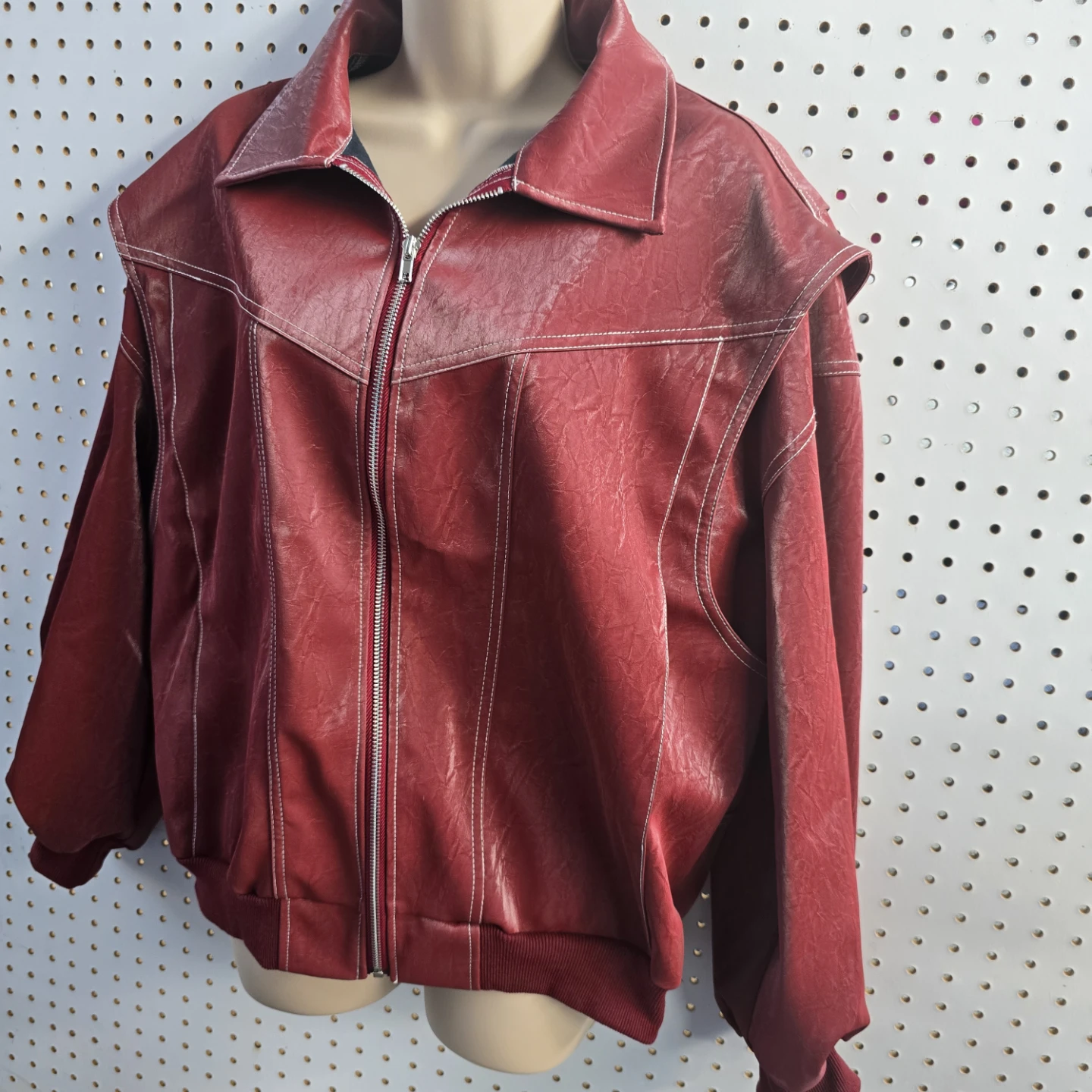 Red Faux Leather Bomber Jacket - photo 2