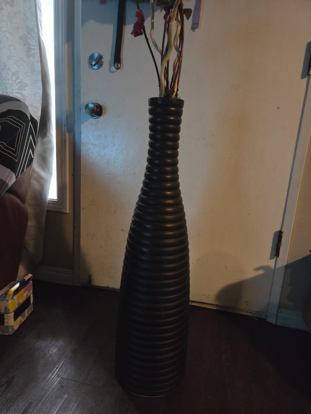 Tall Black Ribbed Decorative Vase