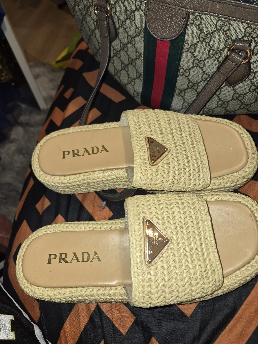 PRADA Straw Slide Sandals