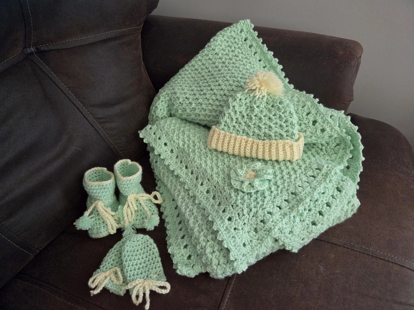 Handmade Baby Crochet Blanket, Hat, Booties, and Mittens Set