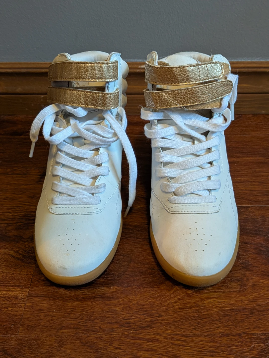 White and Gold Reebok Wedge Sneakers