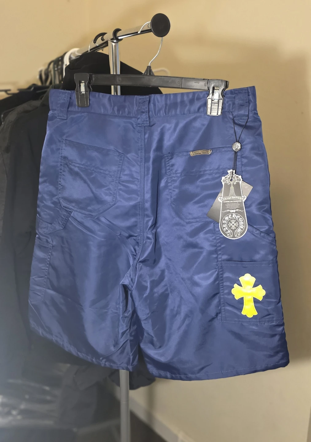 Chrome Hearts Blue Nylon Shorts with Yellow Cross