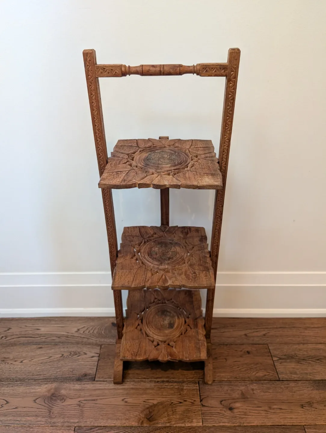 Vintage Anglo Indian Hand Carved Wood 3 Tier Shelf Stand