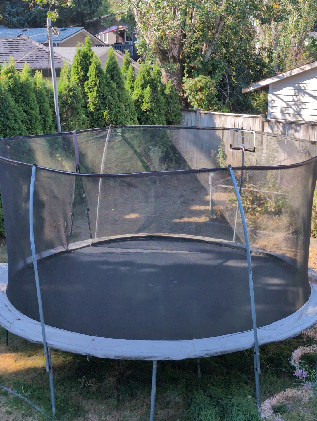 Outdoor trampoline with safety net and basketball hoop