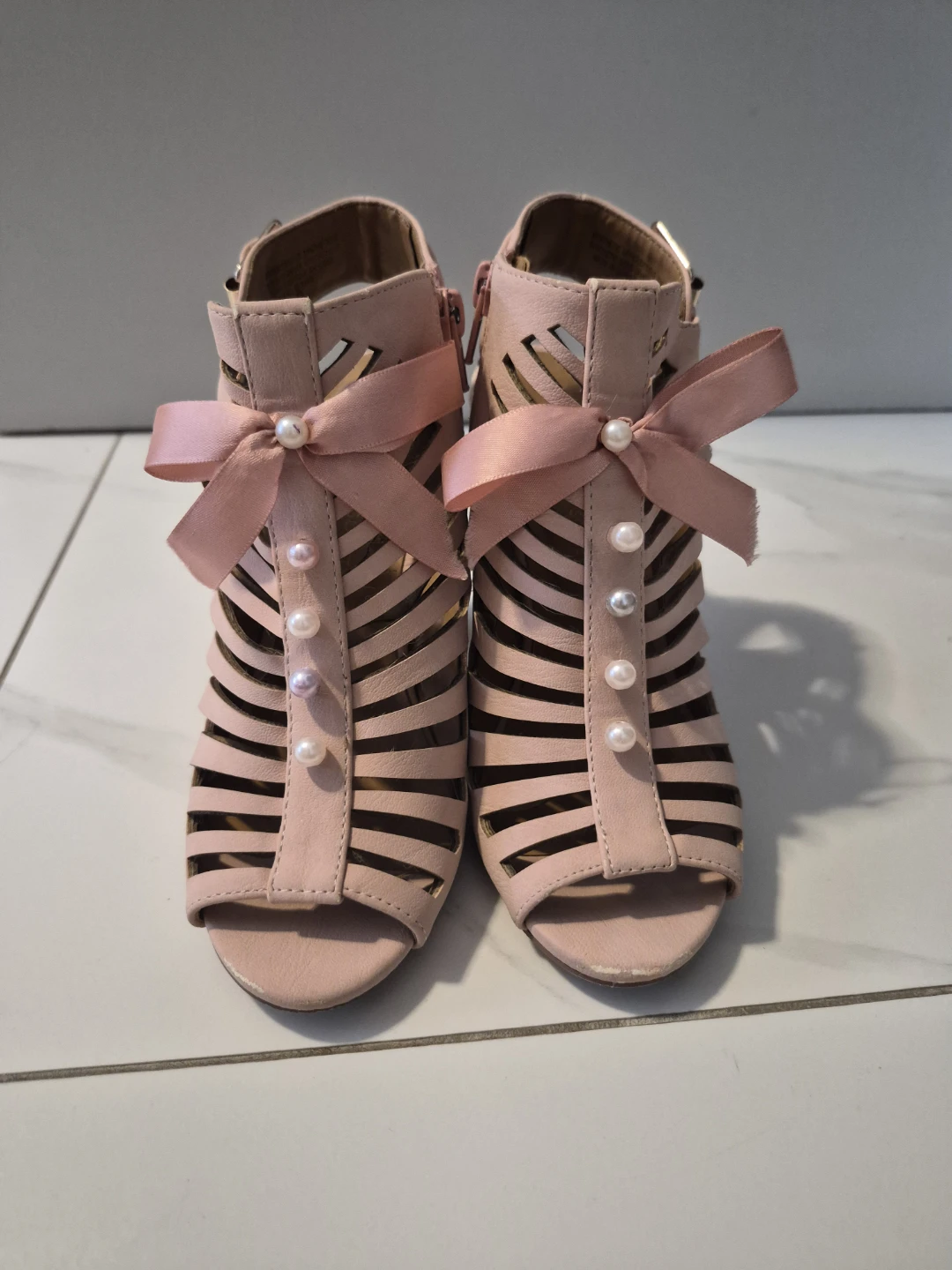 Pink Strappy Heels with Bows & Pearls - photo 2
