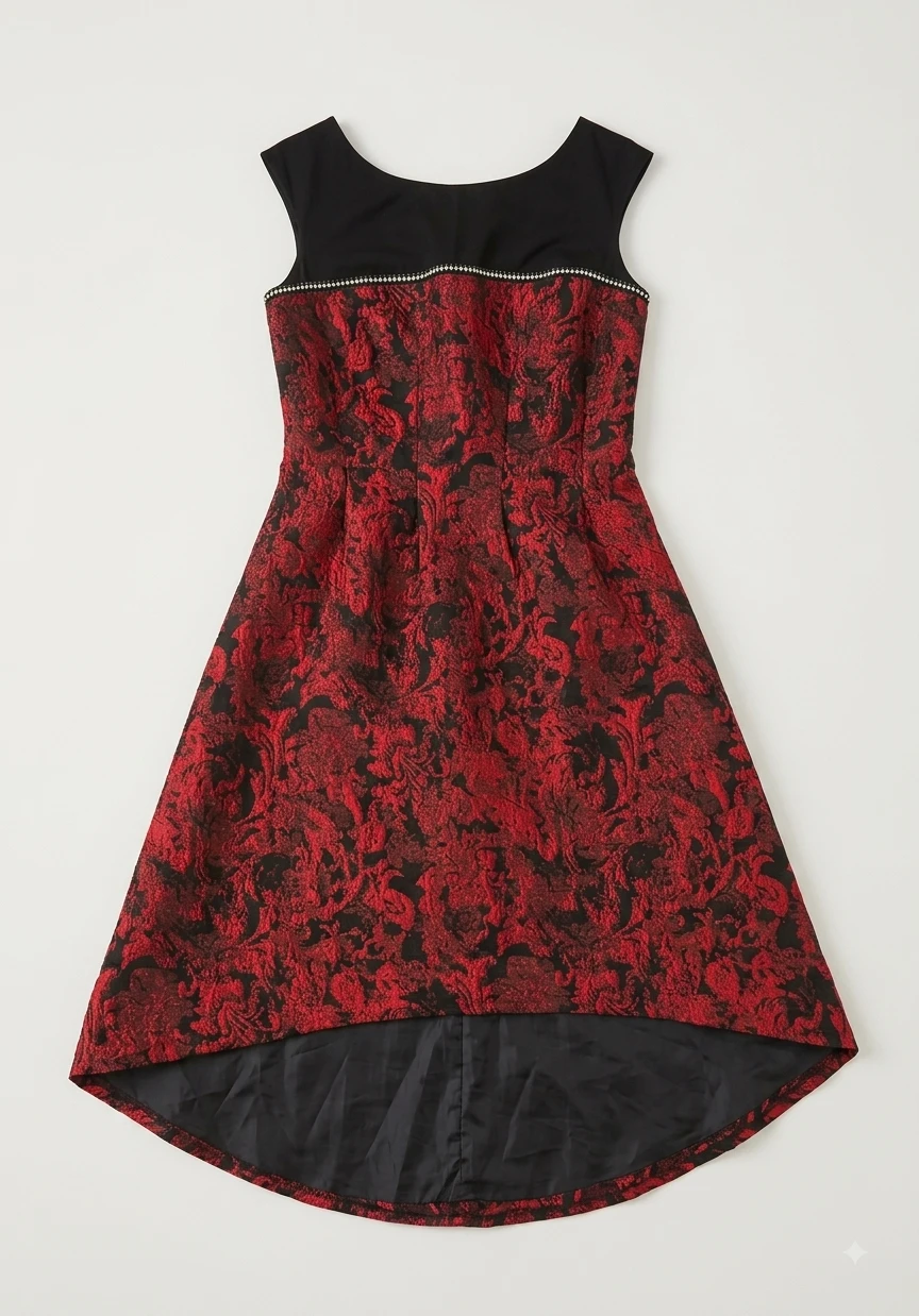 Red and Black Brocade Dress with Rhinestones