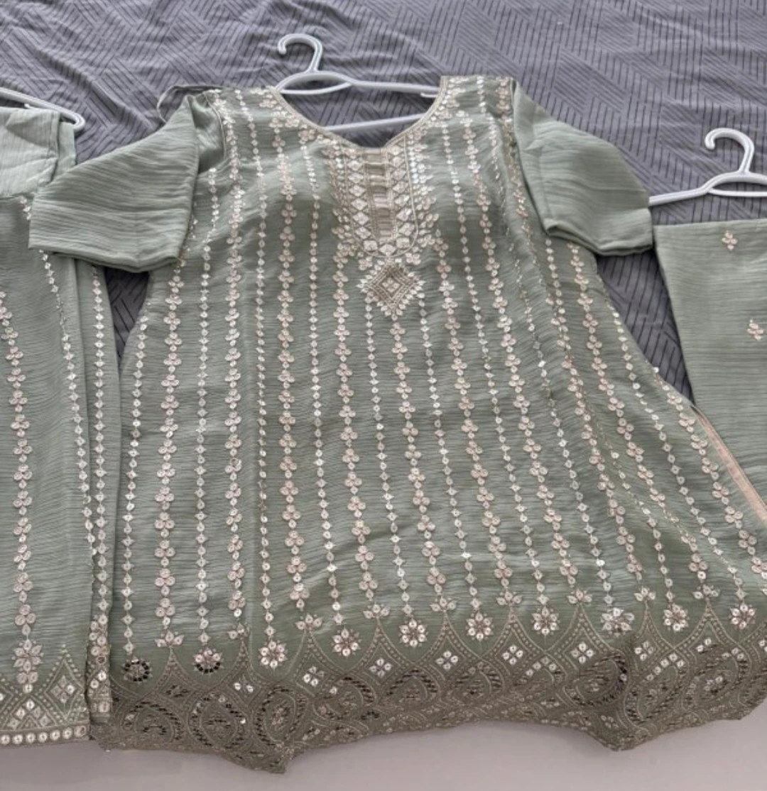 Three piece embroidered sage green salwar kameez