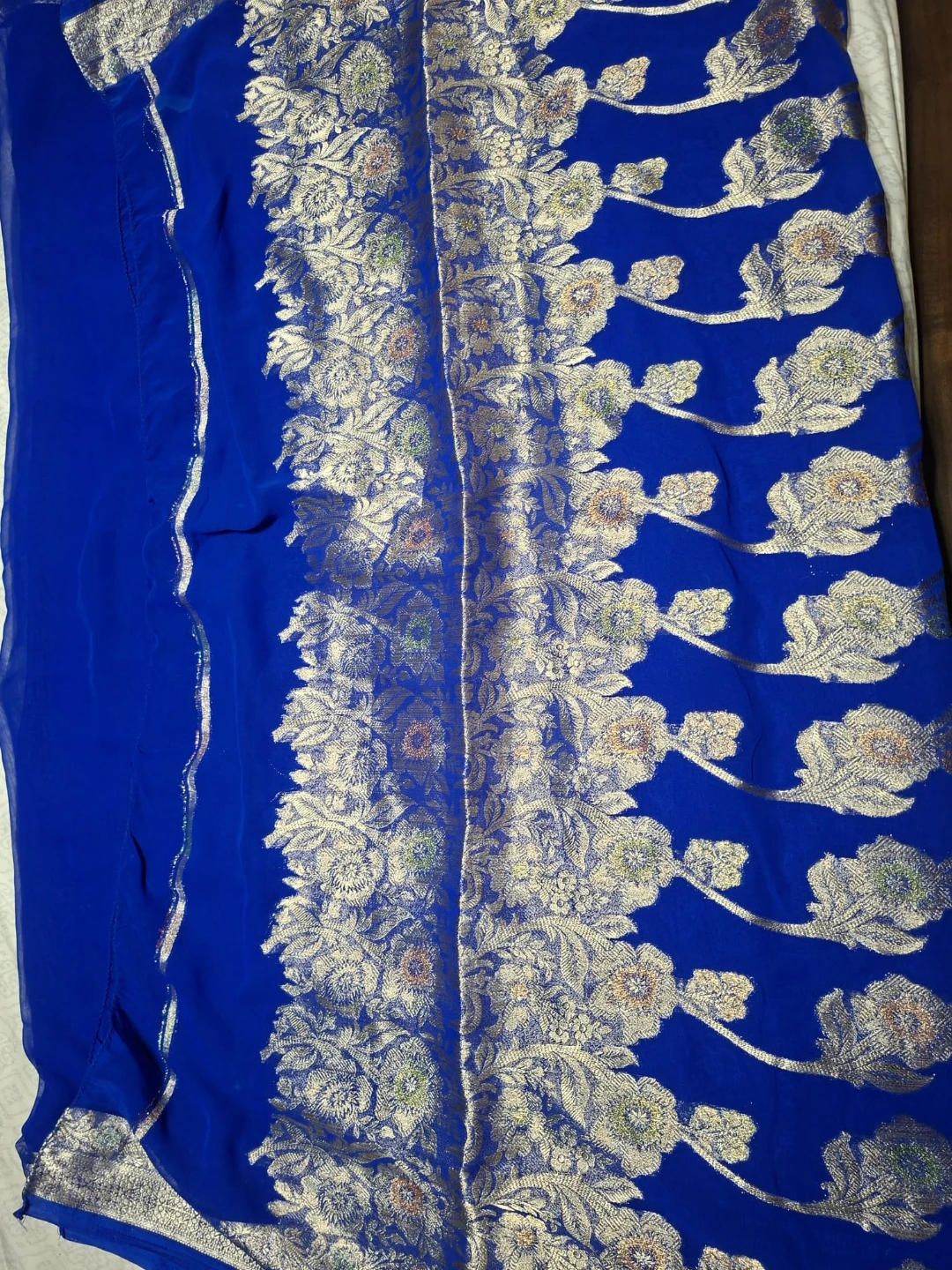 Royal Blue Chiffon Saree with Silver Floral Embroidery