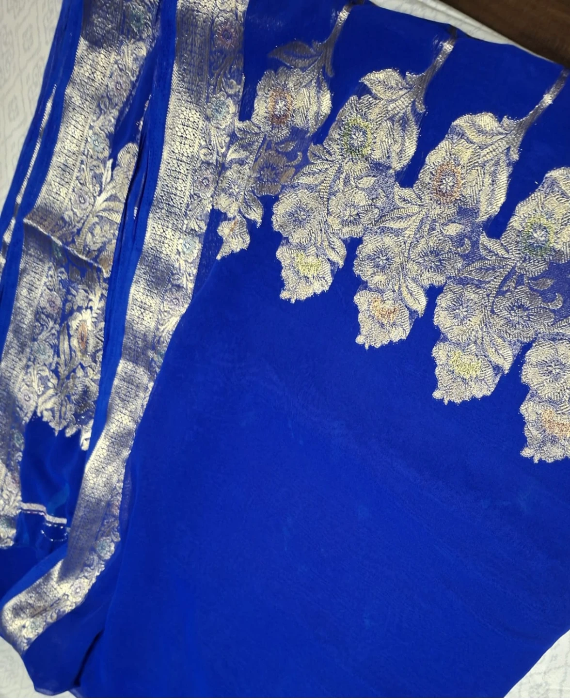 Royal Blue Chiffon Saree with Silver Floral Embroidery - photo 3