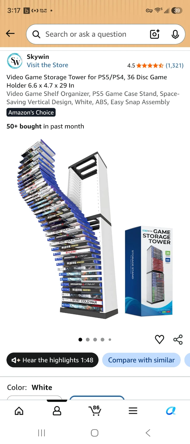 Skywin White Video Game Storage Tower for PS5/PS4, r