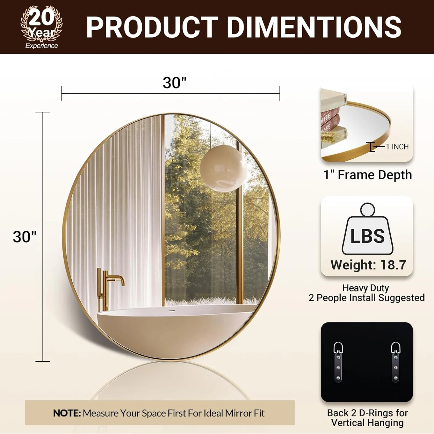 ANDY STAR 30" Round Gold Stainless Steel Metal Frame Mirror - photo 2