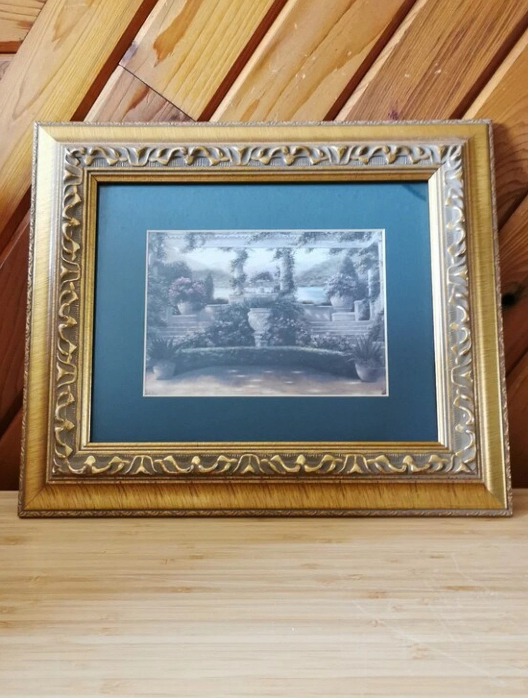 Vintage European Garden Courtyard Art Print Ornate Gold Frame - photo 3